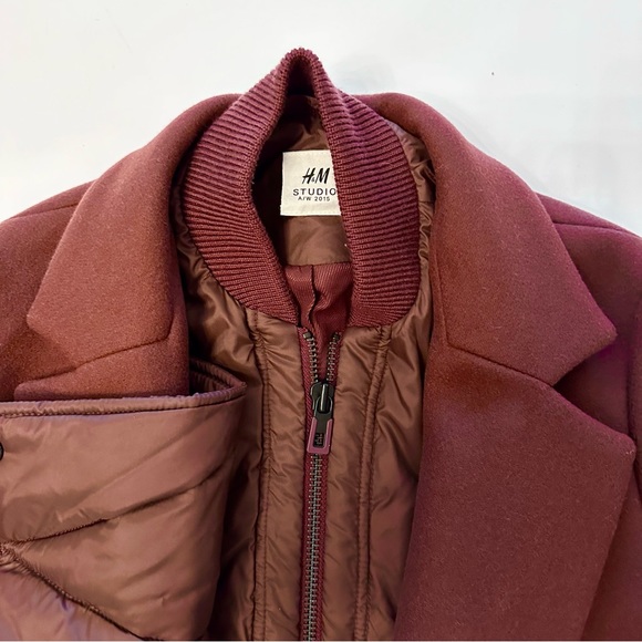 H&M Studio Collection Burgundy Wool and Quilted Puffer Coat 8 Medium - Picture 7 of 9